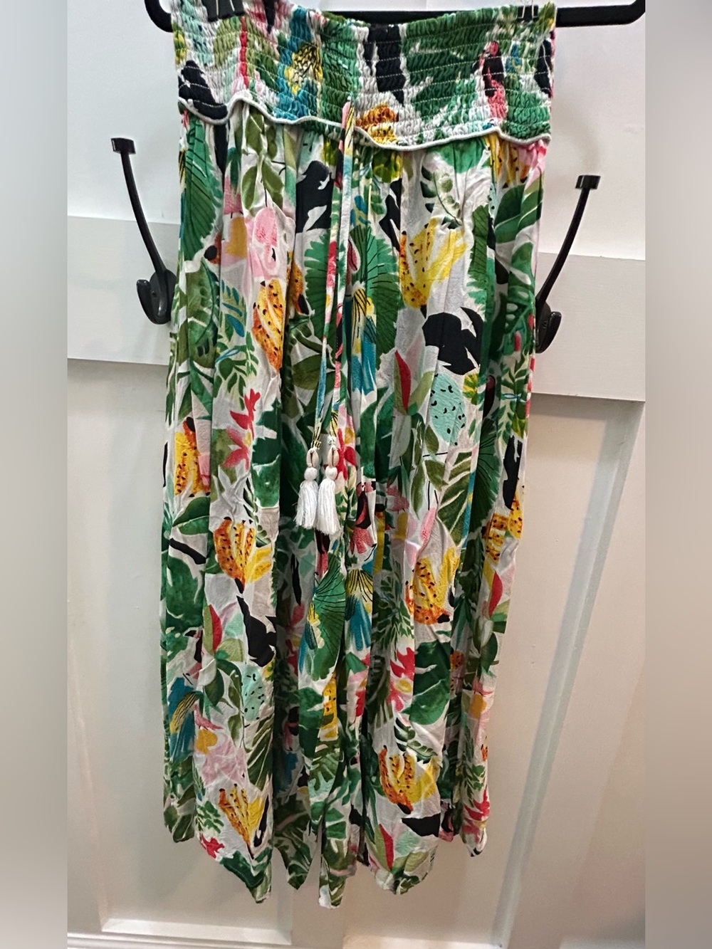 Tropical Print Wide Leg Pants with Tassel Tie